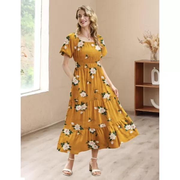 YESNO Womens 2023 Summer Casual Floral Dress Square Neck Puff Short Sleeve Cinched Waist Maxi Dress with Pockets E11Floral 19o