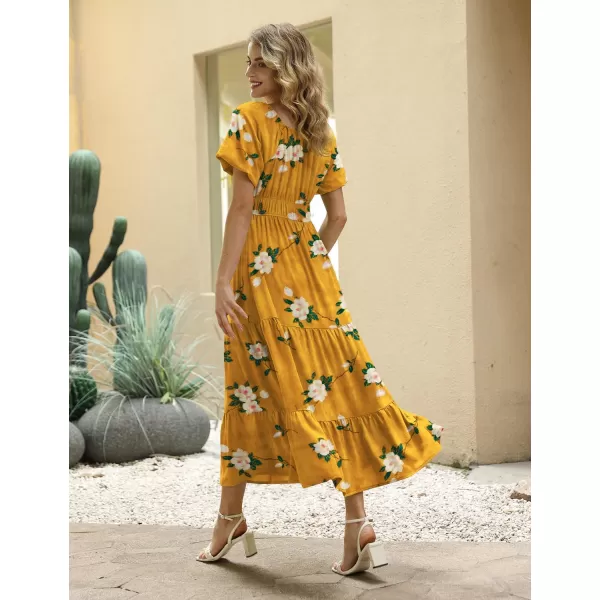 YESNO Womens 2023 Summer Casual Floral Dress Square Neck Puff Short Sleeve Cinched Waist Maxi Dress with Pockets E11Floral 19o