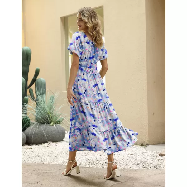 YESNO Womens 2023 Summer Casual Floral Dress Square Neck Puff Short Sleeve Cinched Waist Maxi Dress with Pockets E11Floral 357