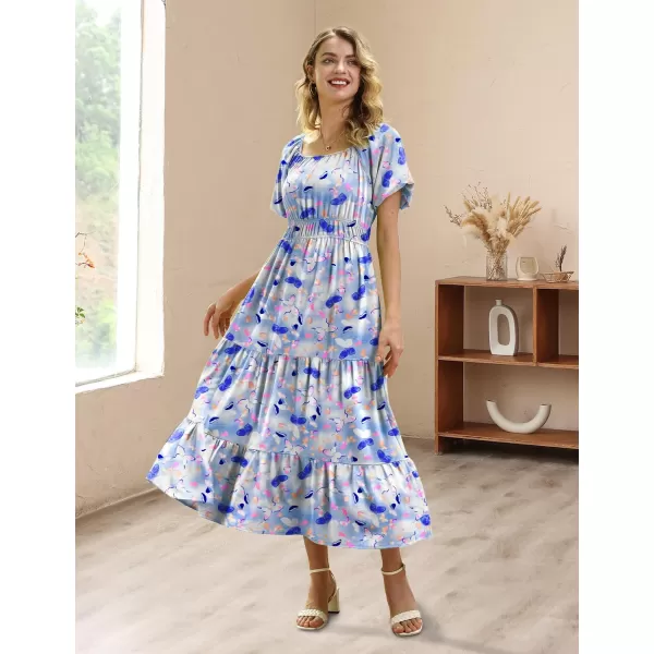 YESNO Womens 2023 Summer Casual Floral Dress Square Neck Puff Short Sleeve Cinched Waist Maxi Dress with Pockets E11Floral 357