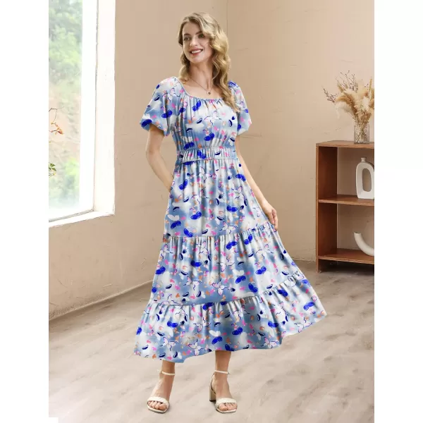 YESNO Womens 2023 Summer Casual Floral Dress Square Neck Puff Short Sleeve Cinched Waist Maxi Dress with Pockets E11Floral 357