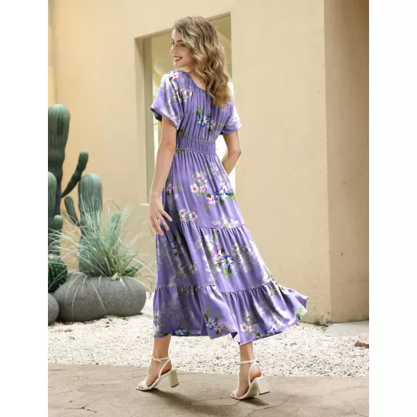 YESNO Womens 2023 Summer Casual Floral Dress Square Neck Puff Short Sleeve Cinched Waist Maxi Dress with Pockets E11Floral 374