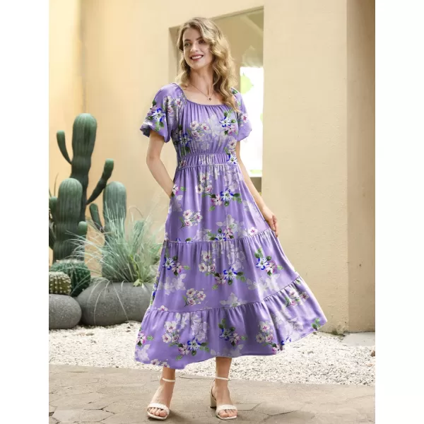 YESNO Womens 2023 Summer Casual Floral Dress Square Neck Puff Short Sleeve Cinched Waist Maxi Dress with Pockets E11Floral 374