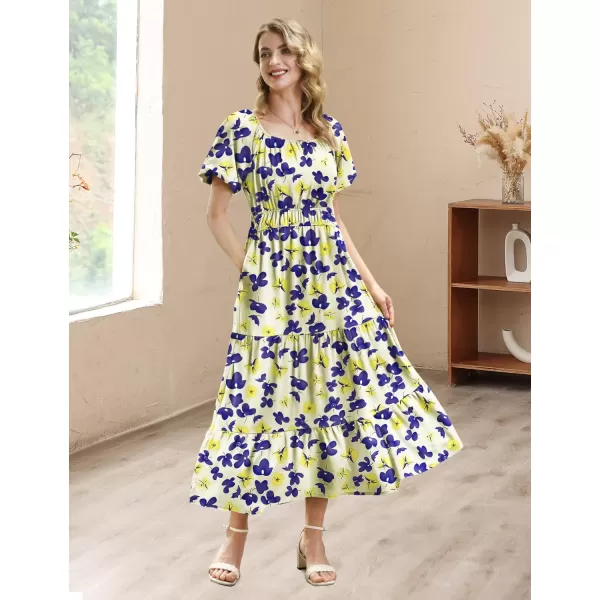 YESNO Womens 2023 Summer Casual Floral Dress Square Neck Puff Short Sleeve Cinched Waist Maxi Dress with Pockets E11Floral 375