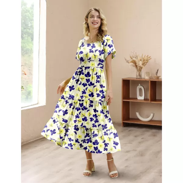 YESNO Womens 2023 Summer Casual Floral Dress Square Neck Puff Short Sleeve Cinched Waist Maxi Dress with Pockets E11Floral 375