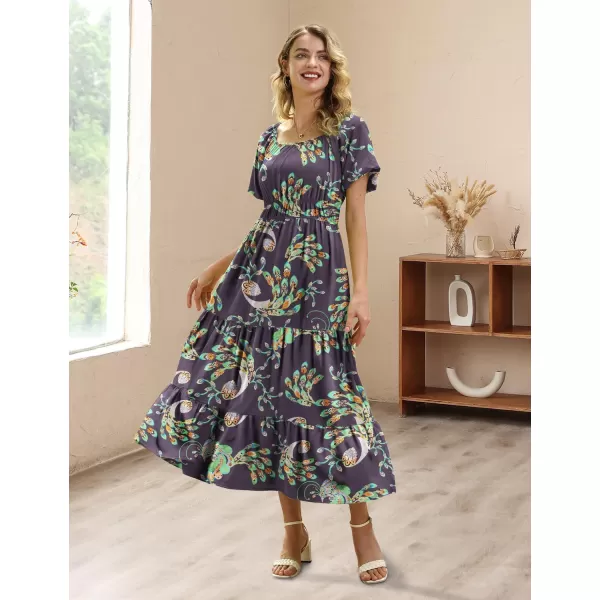 YESNO Womens 2023 Summer Casual Floral Dress Square Neck Puff Short Sleeve Cinched Waist Maxi Dress with Pockets E11Floral 383