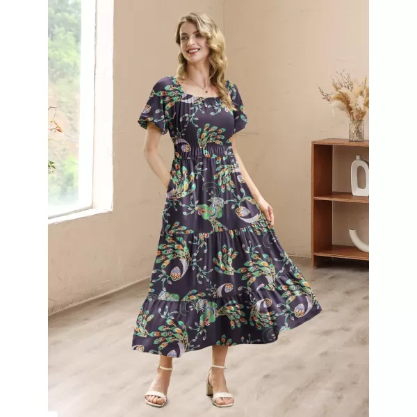 YESNO Womens 2023 Summer Casual Floral Dress Square Neck Puff Short Sleeve Cinched Waist Maxi Dress with Pockets E11Floral 383