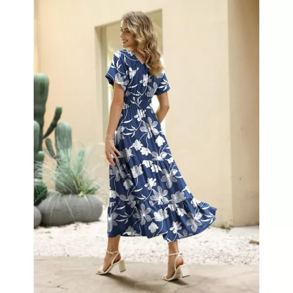 YESNO Womens 2023 Summer Casual Floral Dress Square Neck Puff Short Sleeve Cinched Waist Maxi Dress with Pockets E11Floral 385