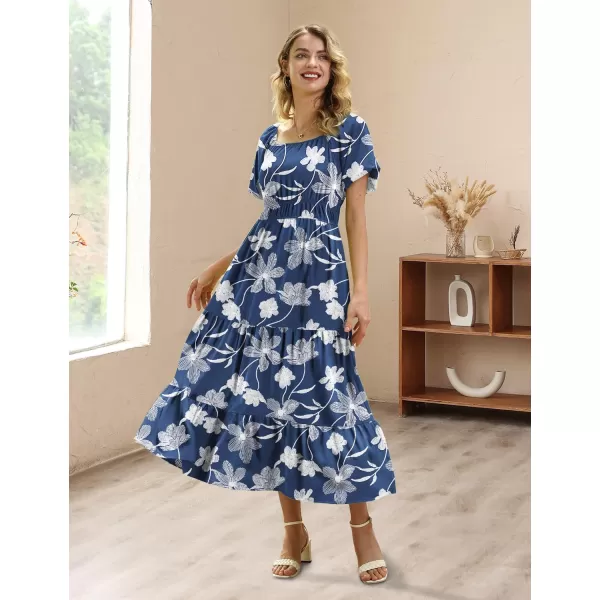 YESNO Womens 2023 Summer Casual Floral Dress Square Neck Puff Short Sleeve Cinched Waist Maxi Dress with Pockets E11Floral 385