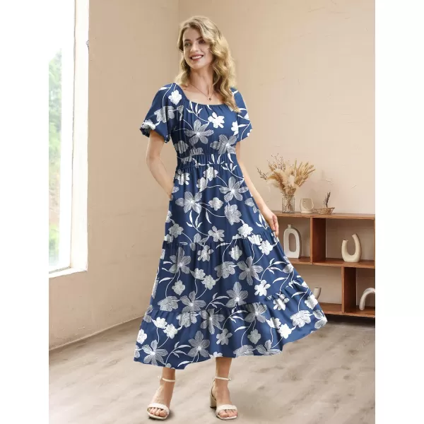 YESNO Womens 2023 Summer Casual Floral Dress Square Neck Puff Short Sleeve Cinched Waist Maxi Dress with Pockets E11Floral 385