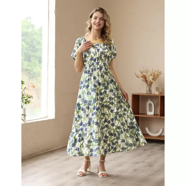 YESNO Womens 2023 Summer Casual Floral Dress Square Neck Puff Short Sleeve Cinched Waist Maxi Dress with Pockets E11Floral 390