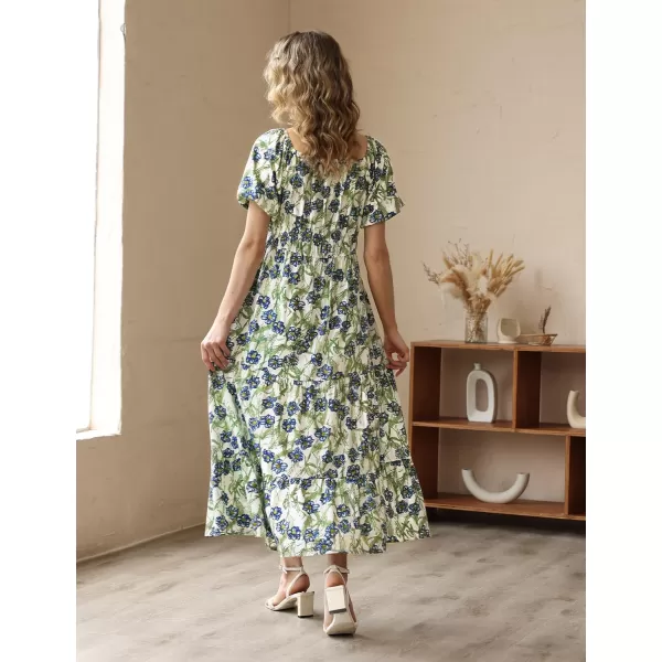 YESNO Womens 2023 Summer Casual Floral Dress Square Neck Puff Short Sleeve Cinched Waist Maxi Dress with Pockets E11Floral 390