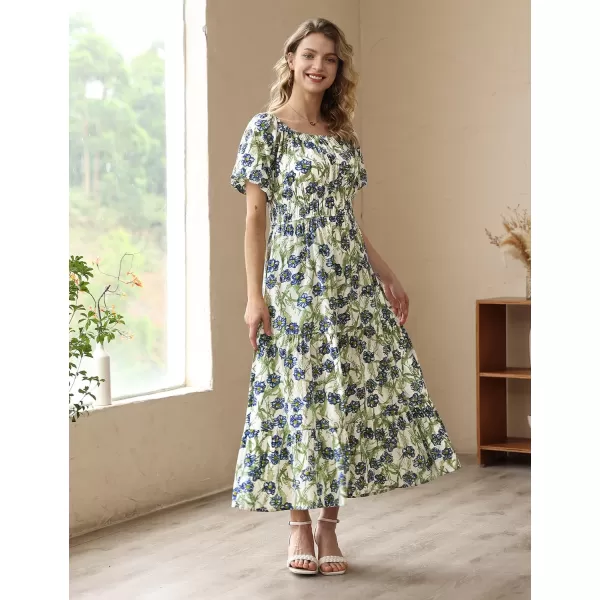 YESNO Womens 2023 Summer Casual Floral Dress Square Neck Puff Short Sleeve Cinched Waist Maxi Dress with Pockets E11Floral 390