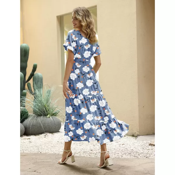 YESNO Womens 2023 Summer Casual Floral Dress Square Neck Puff Short Sleeve Cinched Waist Maxi Dress with Pockets E11Floral 395