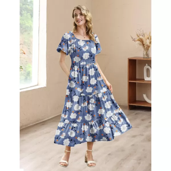 YESNO Womens 2023 Summer Casual Floral Dress Square Neck Puff Short Sleeve Cinched Waist Maxi Dress with Pockets E11Floral 395