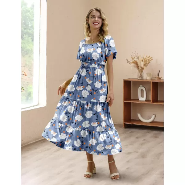 YESNO Womens 2023 Summer Casual Floral Dress Square Neck Puff Short Sleeve Cinched Waist Maxi Dress with Pockets E11Floral 395