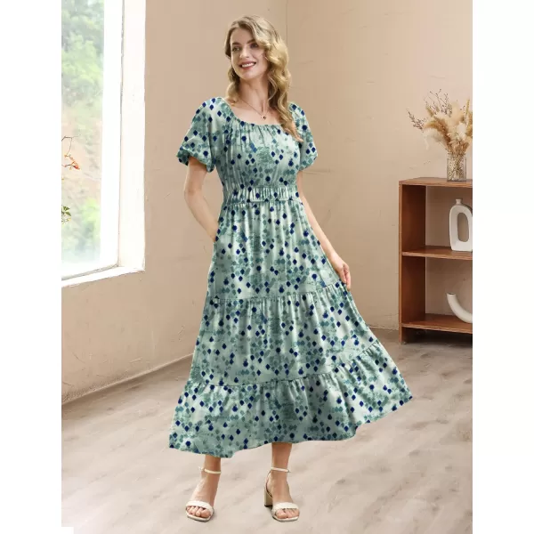 YESNO Womens 2023 Summer Casual Floral Dress Square Neck Puff Short Sleeve Cinched Waist Maxi Dress with Pockets E11Floral 397