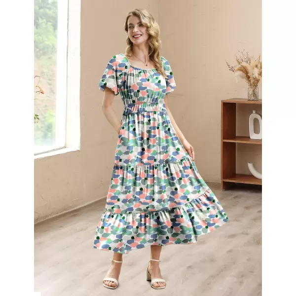 YESNO Womens 2023 Summer Casual Floral Dress Square Neck Puff Short Sleeve Cinched Waist Maxi Dress with Pockets E11Floral 403