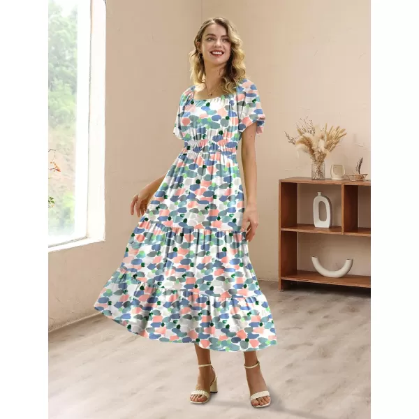 YESNO Womens 2023 Summer Casual Floral Dress Square Neck Puff Short Sleeve Cinched Waist Maxi Dress with Pockets E11Floral 403