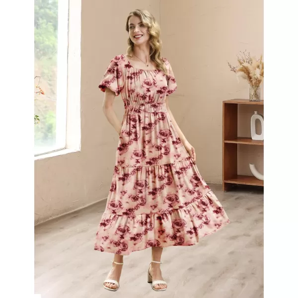 YESNO Womens 2023 Summer Casual Floral Dress Square Neck Puff Short Sleeve Cinched Waist Maxi Dress with Pockets E11Floral 406r