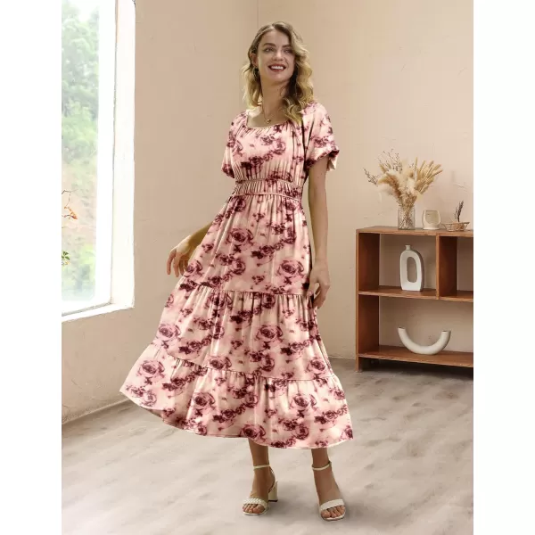 YESNO Womens 2023 Summer Casual Floral Dress Square Neck Puff Short Sleeve Cinched Waist Maxi Dress with Pockets E11Floral 406r