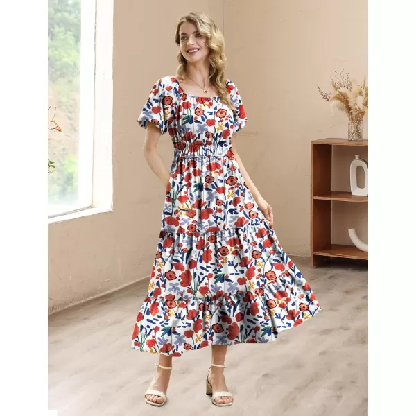 YESNO Womens 2023 Summer Casual Floral Dress Square Neck Puff Short Sleeve Cinched Waist Maxi Dress with Pockets E11Floral 410