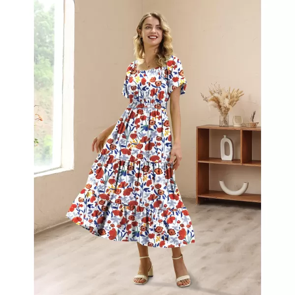 YESNO Womens 2023 Summer Casual Floral Dress Square Neck Puff Short Sleeve Cinched Waist Maxi Dress with Pockets E11Floral 410