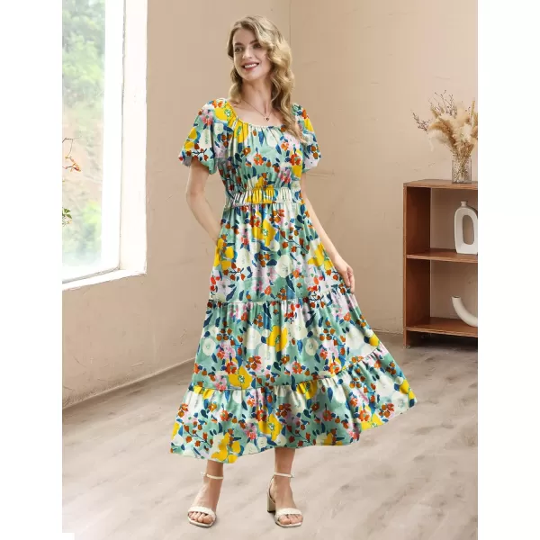 YESNO Womens 2023 Summer Casual Floral Dress Square Neck Puff Short Sleeve Cinched Waist Maxi Dress with Pockets E11Floral 411