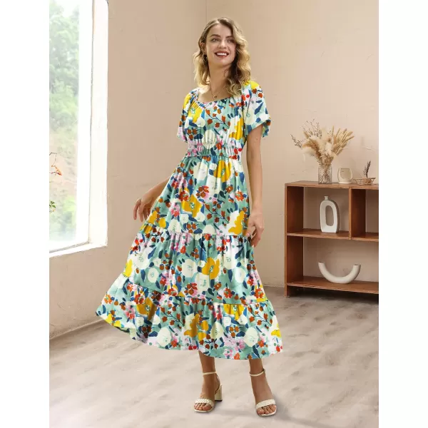 YESNO Womens 2023 Summer Casual Floral Dress Square Neck Puff Short Sleeve Cinched Waist Maxi Dress with Pockets E11Floral 411