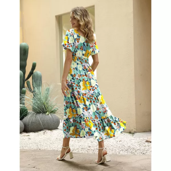 YESNO Womens 2023 Summer Casual Floral Dress Square Neck Puff Short Sleeve Cinched Waist Maxi Dress with Pockets E11Floral 411