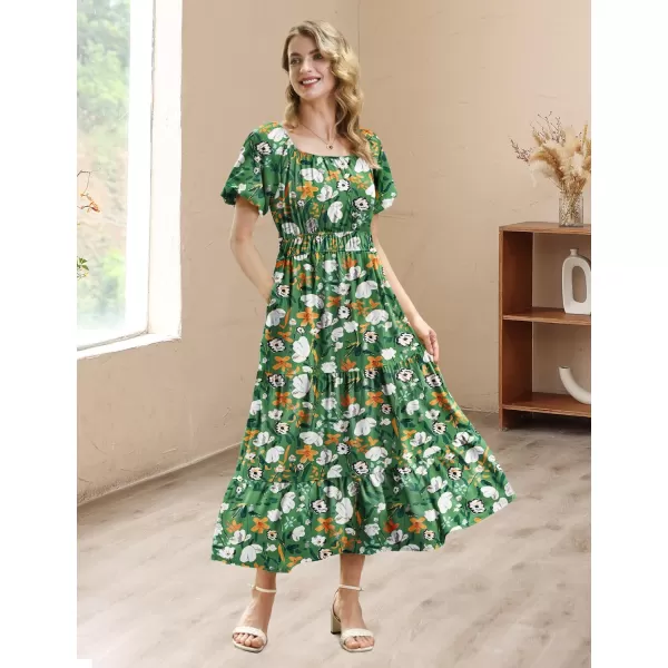 YESNO Womens 2023 Summer Casual Floral Dress Square Neck Puff Short Sleeve Cinched Waist Maxi Dress with Pockets E11Floral 412