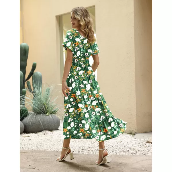 YESNO Womens 2023 Summer Casual Floral Dress Square Neck Puff Short Sleeve Cinched Waist Maxi Dress with Pockets E11Floral 412