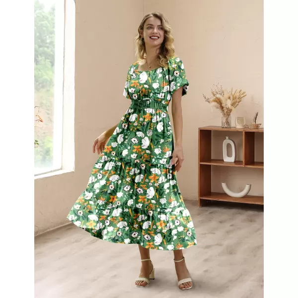 YESNO Womens 2023 Summer Casual Floral Dress Square Neck Puff Short Sleeve Cinched Waist Maxi Dress with Pockets E11Floral 412