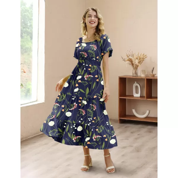 YESNO Womens 2023 Summer Casual Floral Dress Square Neck Puff Short Sleeve Cinched Waist Maxi Dress with Pockets E11Floral B000b