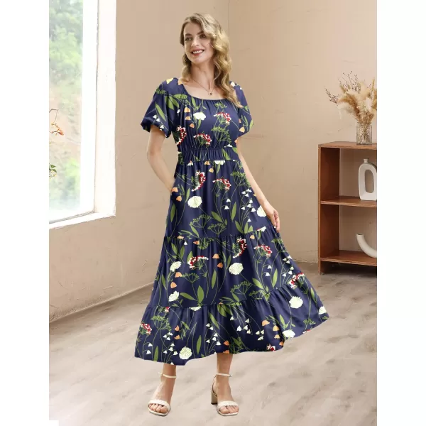 YESNO Womens 2023 Summer Casual Floral Dress Square Neck Puff Short Sleeve Cinched Waist Maxi Dress with Pockets E11Floral B000b