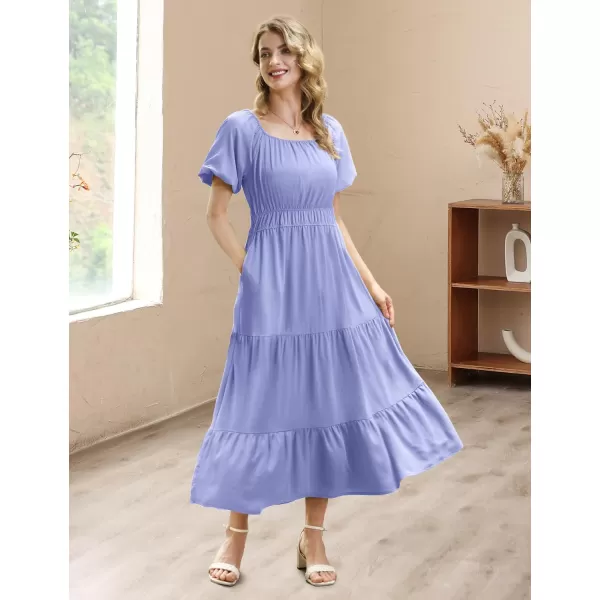 YESNO Womens 2023 Summer Casual Floral Dress Square Neck Puff Short Sleeve Cinched Waist Maxi Dress with Pockets E11Grapemist