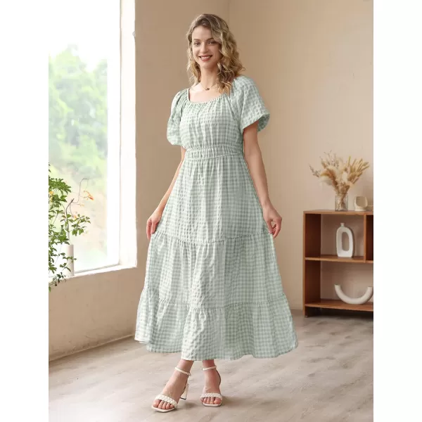 YESNO Womens 2023 Summer Casual Floral Dress Square Neck Puff Short Sleeve Cinched Waist Maxi Dress with Pockets E11Green  Plaid