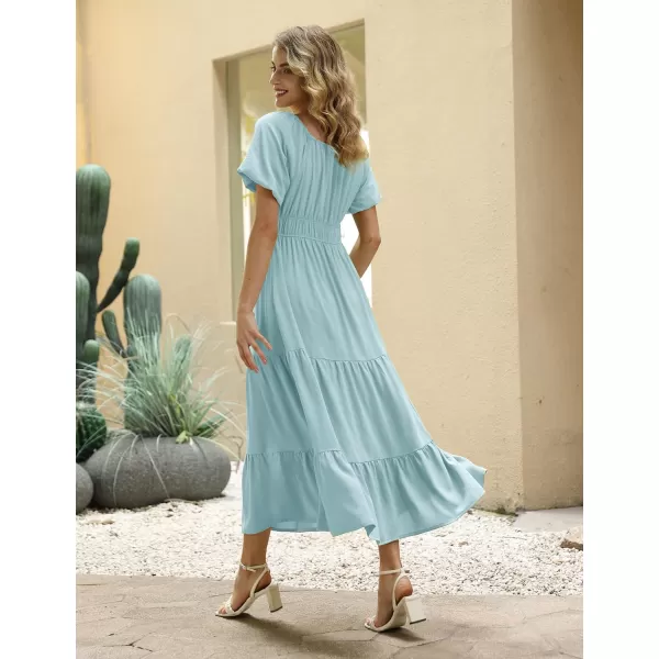 YESNO Womens 2023 Summer Casual Floral Dress Square Neck Puff Short Sleeve Cinched Waist Maxi Dress with Pockets E11Light Aqua