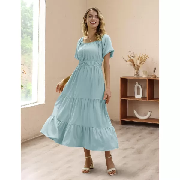 YESNO Womens 2023 Summer Casual Floral Dress Square Neck Puff Short Sleeve Cinched Waist Maxi Dress with Pockets E11Light Aqua