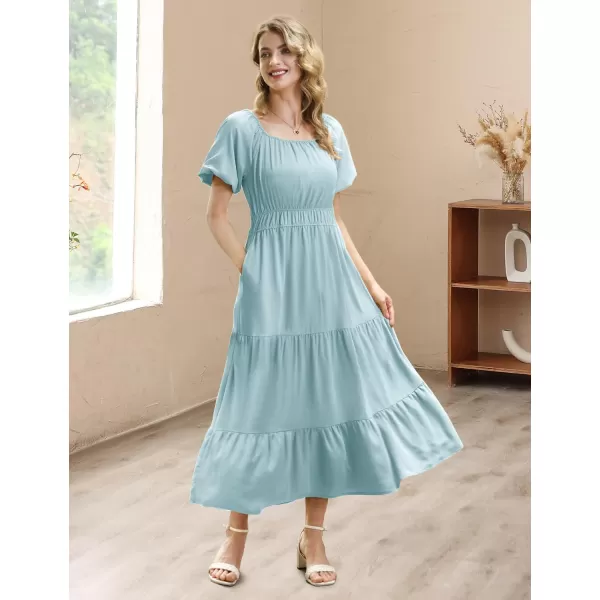 YESNO Womens 2023 Summer Casual Floral Dress Square Neck Puff Short Sleeve Cinched Waist Maxi Dress with Pockets E11Light Aqua