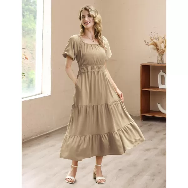 YESNO Womens 2023 Summer Casual Floral Dress Square Neck Puff Short Sleeve Cinched Waist Maxi Dress with Pockets E11Light Khaki