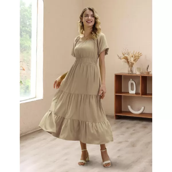 YESNO Womens 2023 Summer Casual Floral Dress Square Neck Puff Short Sleeve Cinched Waist Maxi Dress with Pockets E11Light Khaki