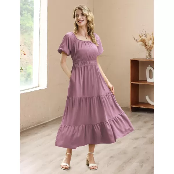 YESNO Womens 2023 Summer Casual Floral Dress Square Neck Puff Short Sleeve Cinched Waist Maxi Dress with Pockets E11Pea Purple