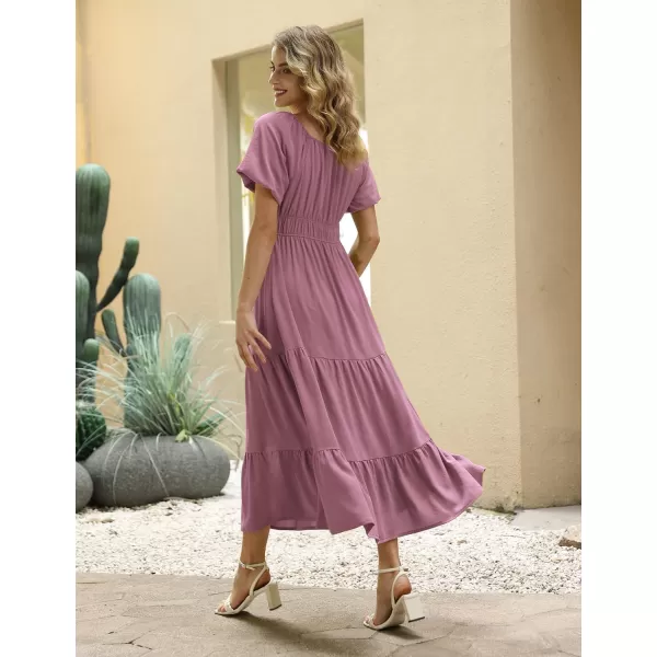 YESNO Womens 2023 Summer Casual Floral Dress Square Neck Puff Short Sleeve Cinched Waist Maxi Dress with Pockets E11Pea Purple