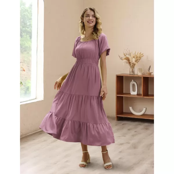 YESNO Womens 2023 Summer Casual Floral Dress Square Neck Puff Short Sleeve Cinched Waist Maxi Dress with Pockets E11Pea Purple