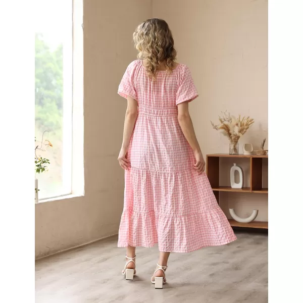 YESNO Womens 2023 Summer Casual Floral Dress Square Neck Puff Short Sleeve Cinched Waist Maxi Dress with Pockets E11Pink  Plaid