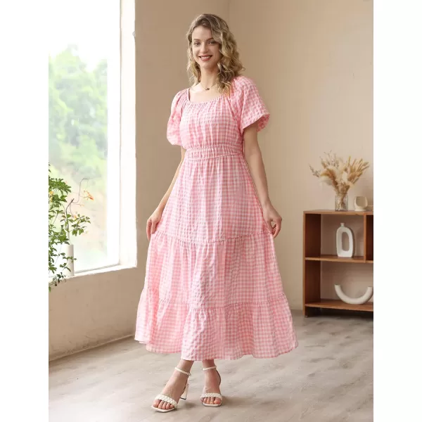 YESNO Womens 2023 Summer Casual Floral Dress Square Neck Puff Short Sleeve Cinched Waist Maxi Dress with Pockets E11Pink  Plaid