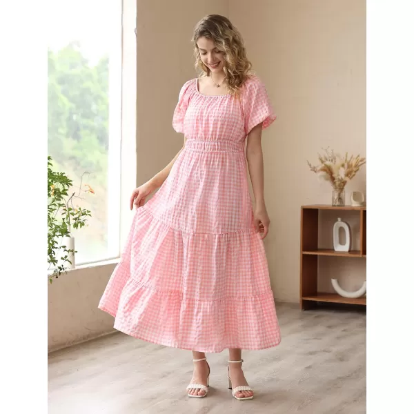 YESNO Womens 2023 Summer Casual Floral Dress Square Neck Puff Short Sleeve Cinched Waist Maxi Dress with Pockets E11Pink  Plaid