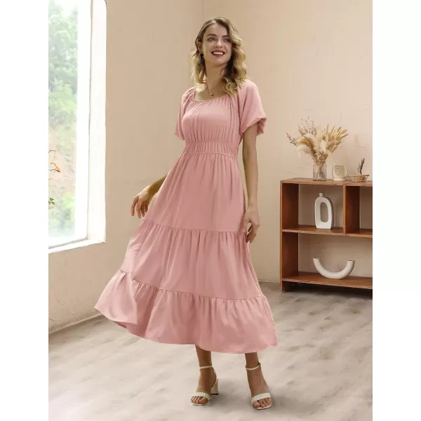 YESNO Womens 2023 Summer Casual Floral Dress Square Neck Puff Short Sleeve Cinched Waist Maxi Dress with Pockets E11Pink