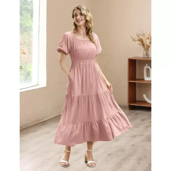 YESNO Womens 2023 Summer Casual Floral Dress Square Neck Puff Short Sleeve Cinched Waist Maxi Dress with Pockets E11Pink